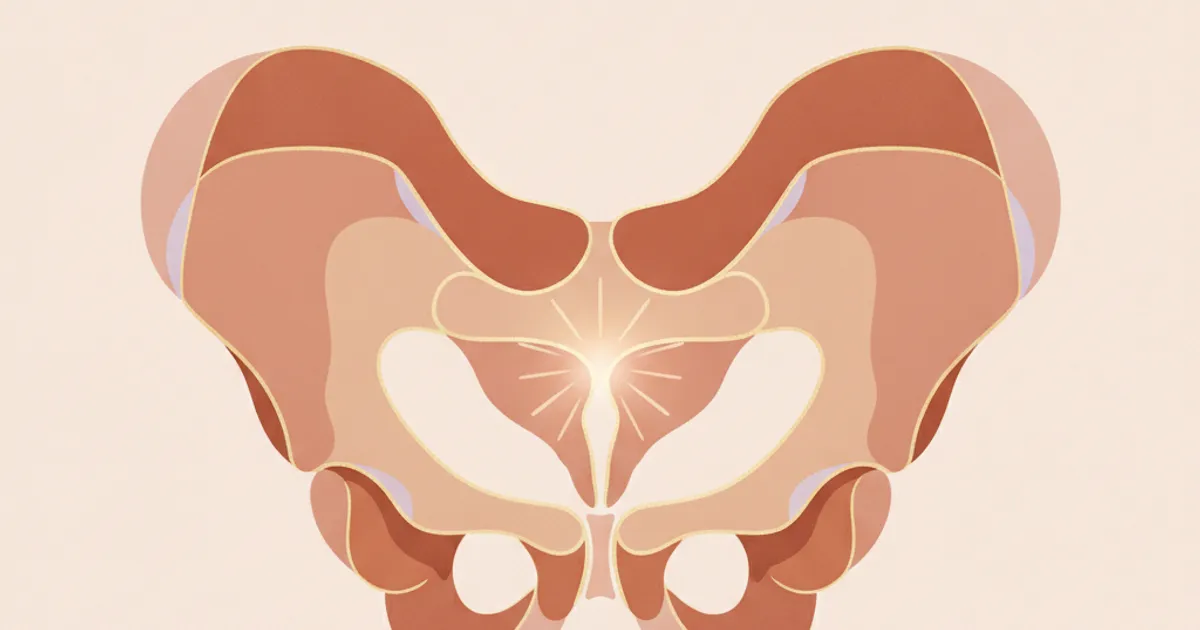 Illustration abstraite et douce d'une anatomie pelvienne féminine stylisée, mettant en évidence le col de l'utérus, avec des couleurs chaudes et apaisantes.