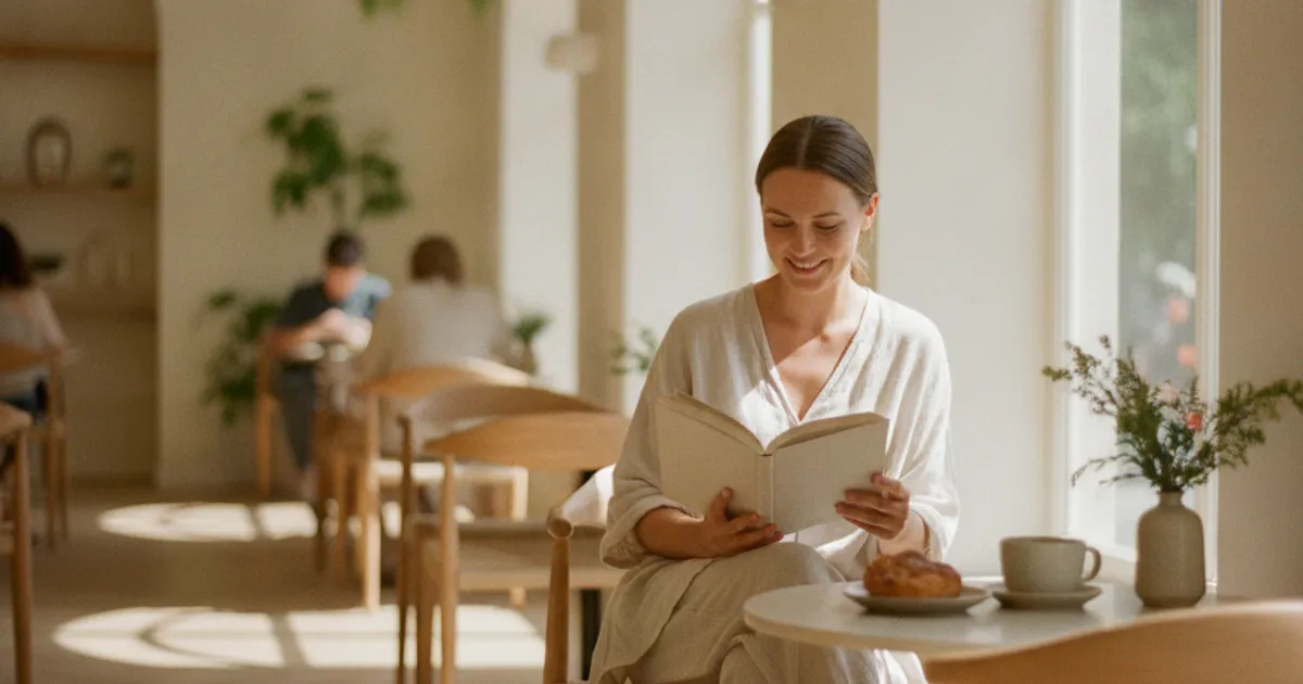 Une femme souriante et sereine, seule, profitant d'un livre dans un café lumineux