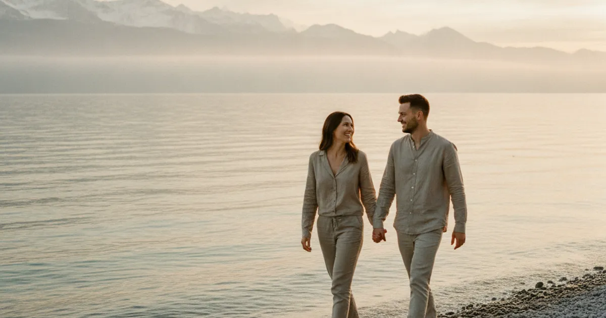 Un couple souriant et complice, marchant main dans la main au bord du lac Léman