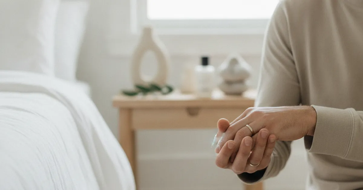 Un couple souriant et complice, les mains entrelacées, avec des sextoys discrets en arrière-plan flou