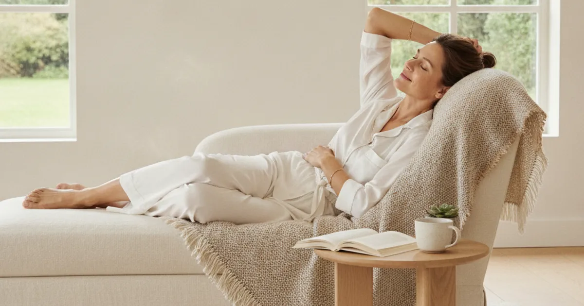 Une femme souriante et détendue, allongée confortablement, évoquant la sérénité et le plaisir sans effort.