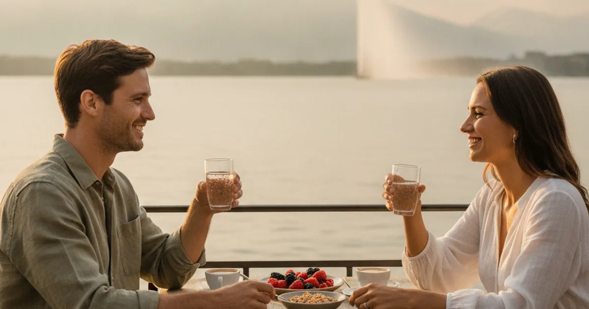 Un couple souriant et décontracté lors d'un premier date en terrasse à Genève, avec le lac Léman en arrière-plan